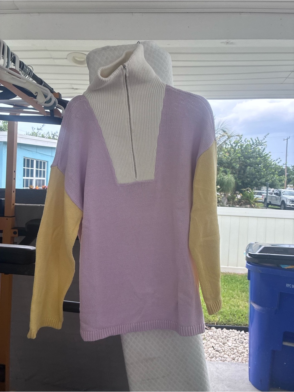 Express Colorblock Half-Zip Cowl Neck Sweater in Lilac, Cream & Yellow